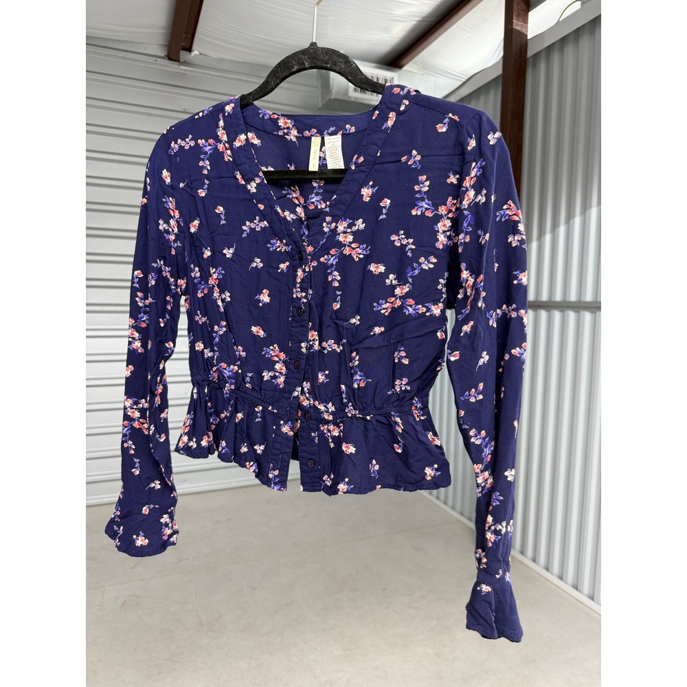 Japna Floral Peplum Top Long Sleeve Viscose V-Neck Button Front Blouse Small